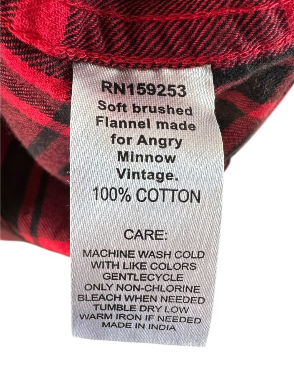 Angry Minnow Red Black Plaid Flannel Shirt Retro Back Patch Cotton Size L - Picture 6 of 6